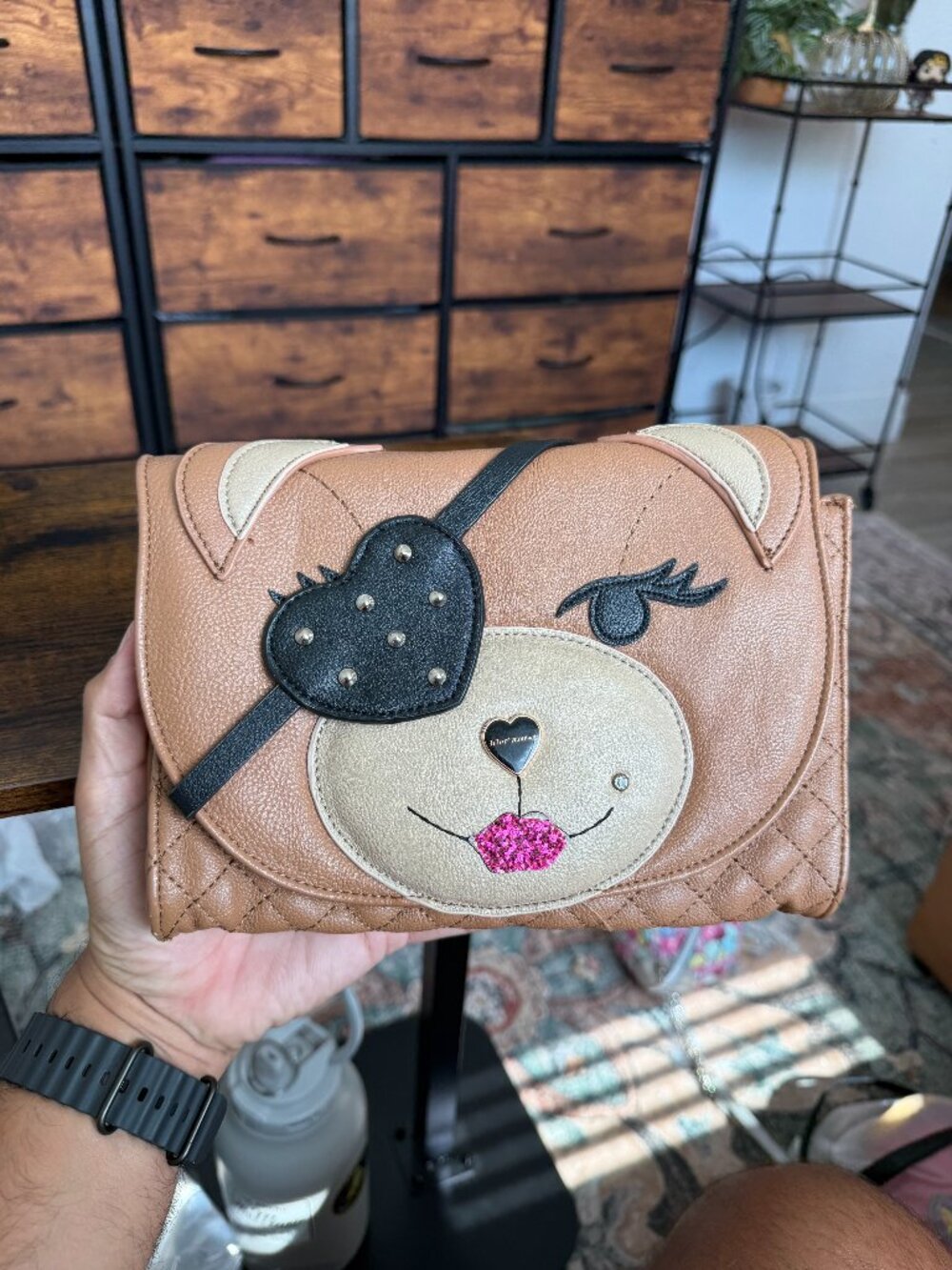 Betsey Johnson Tan Quilted Animal Face Heart Eyepatch Crossbody Bag